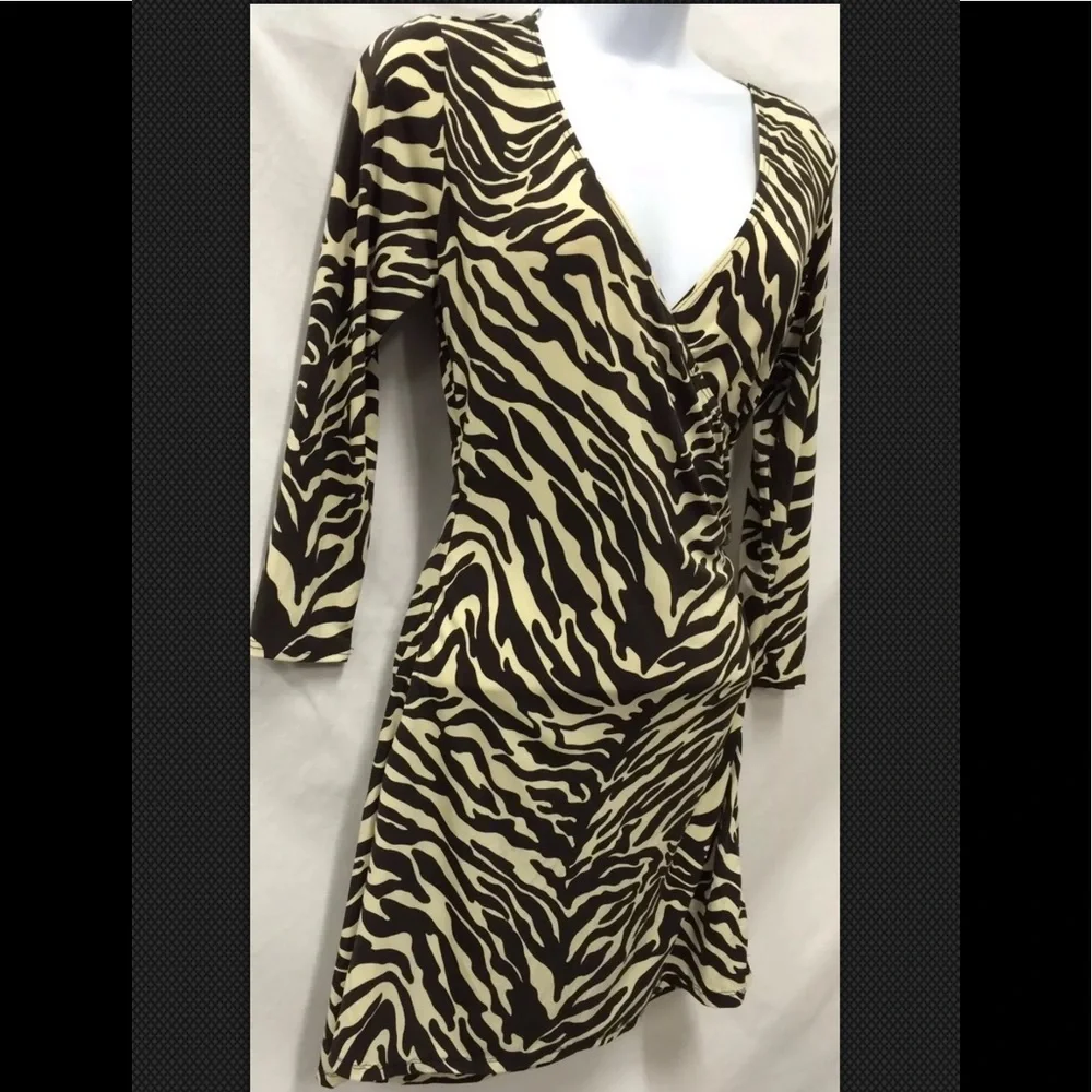 LAUNDRY By SHELLY SEGAL Dress Faux Wrap Animal Print V Neck Mini Sexy Brown